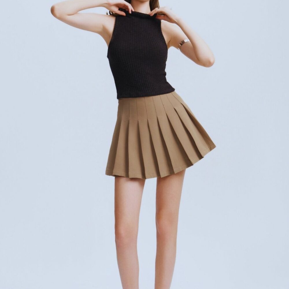 Black Ribbed Sleeveless Crop Top & Khaki Pleated Mini Skirt Set “Earthy Charm” EC1609