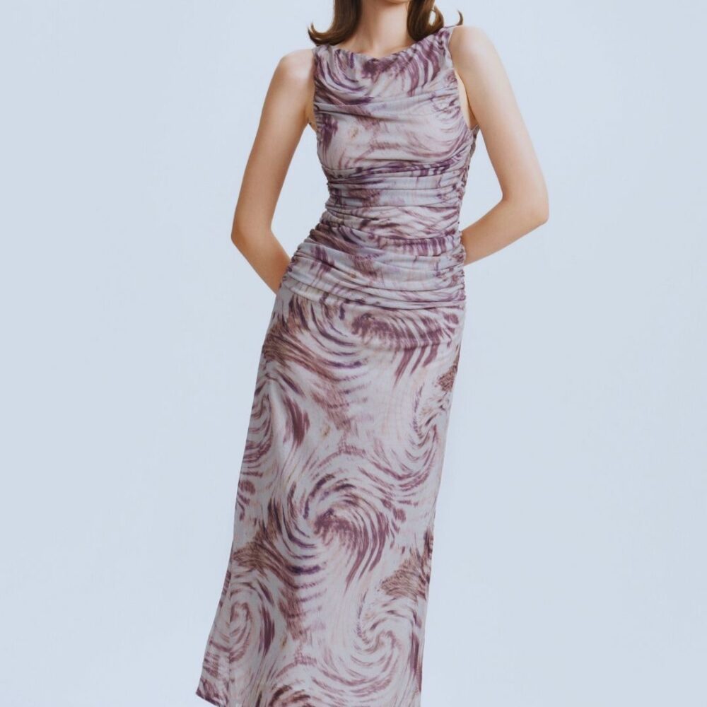 Lavender Marble Ruched Sleeveless Dress “Mystic Wave” MW3733
