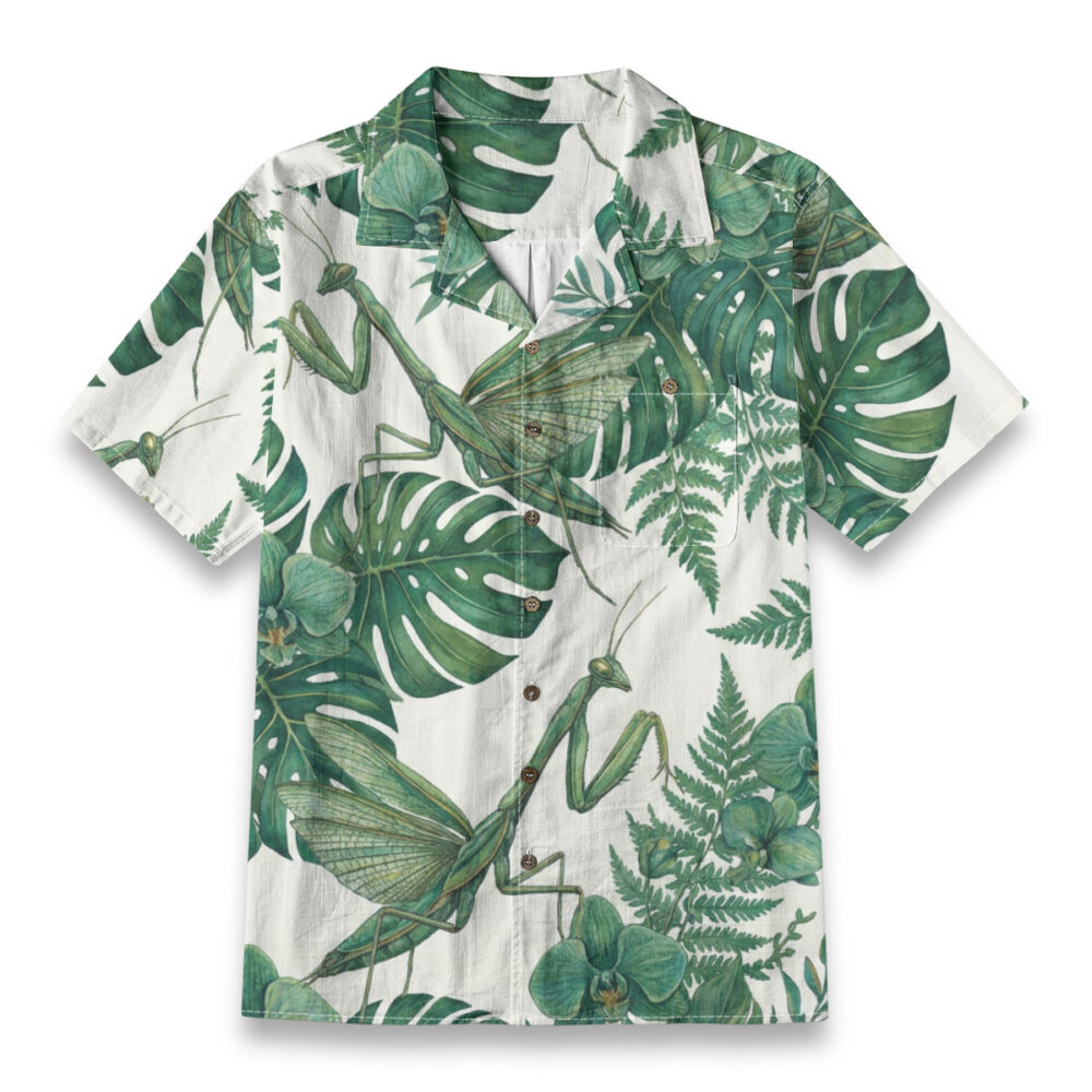 Patient Hunter Among the Monstera Leaves Beach Shirt product image, view 1